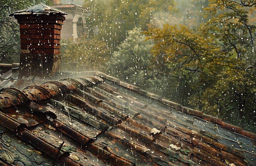 GVO Versicherung -  Ziegeldach im Regen, Wohngebäudeversicherung bei Unwetterschäden